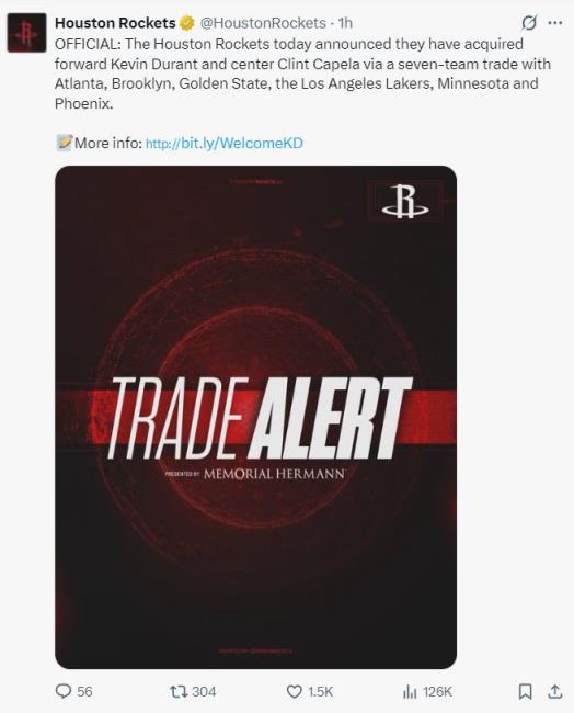 火箭官宣7隊(duì)創(chuàng)紀(jì)錄交易達(dá)成：迎KD生涯榮譽(yù)歡迎格林制集錦告別